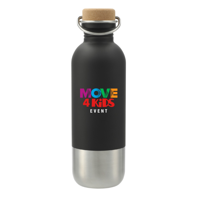 Black water bottle with MOVE 4 Kids Event fundraiser logo, a fundraising reward