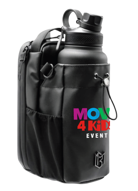 Black magnetic bag with water bottle pouch featuring a MOVE 4 Kids Event fundraiser logo, a fundraising reward