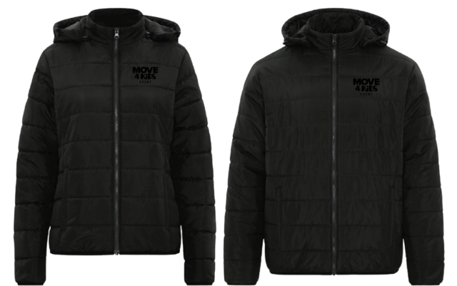 Two different styles of black zip-up jackets with hoods and black MOVE 4 Kids Event fundraiser logos, a fundraising reward