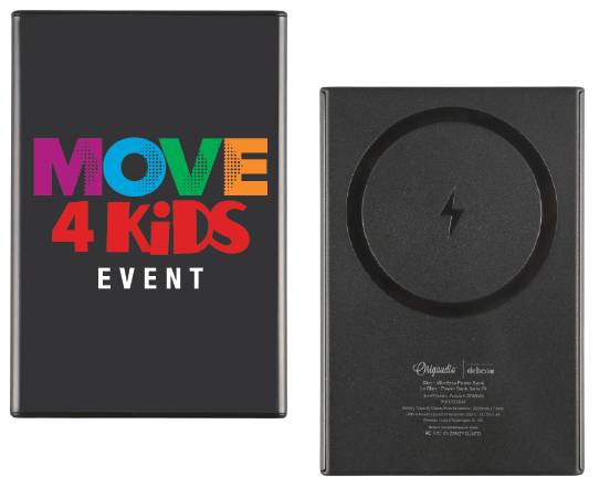 Black power bank front and back with MOVE 4 Kids Event fundraiser logo on the front, a fundraising reward