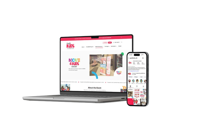 An image of a laptop and phone with the MOVE 4 Kids Event page and MOVE 4 Kids Event Instagram profile showing