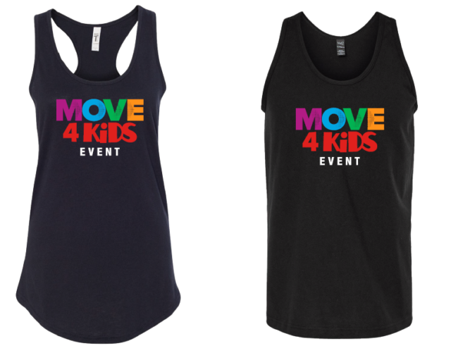 Two variations of black tank tops with the MOVE 4 Kids Event fundraiser logo on the front of each
